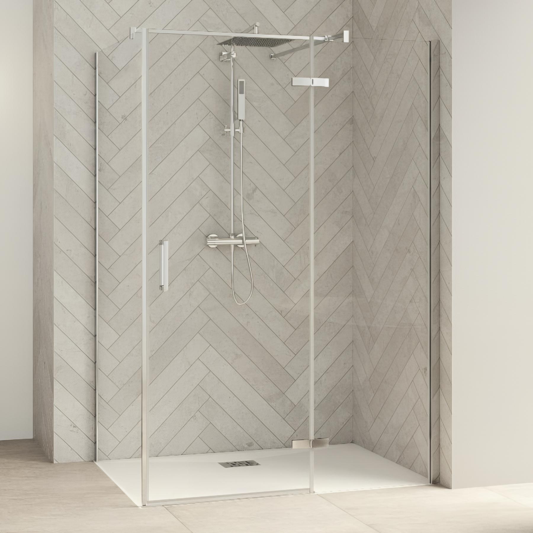 Paroi de douche kinedo Smart Design pivotante (extérieur) sans seuil avec une partie fixe 100 blanc verre cosmos - charnières à droite