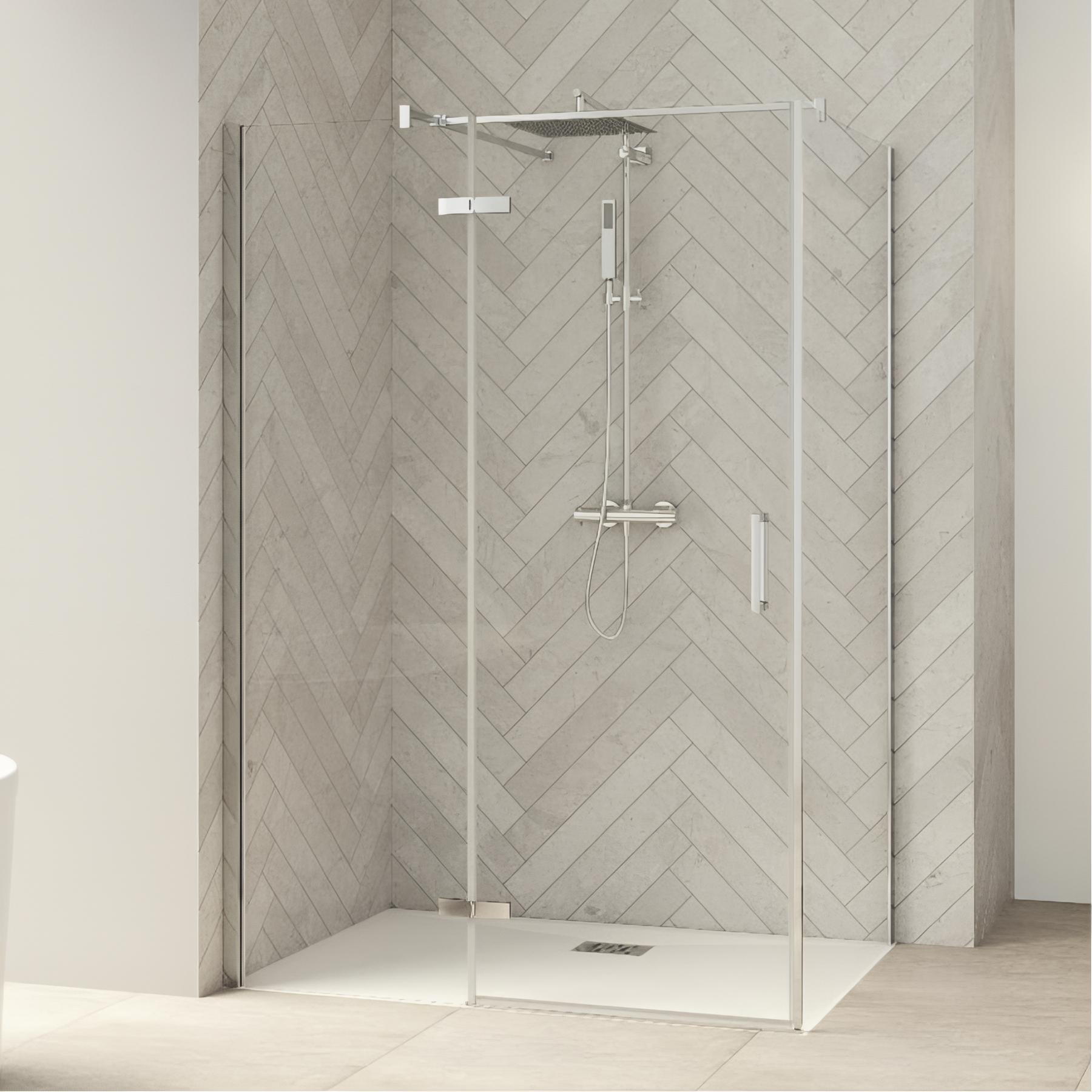 Paroi de douche kinedo Smart Design pivotante (extérieur) sans seuil avec une partie fixe 100 blanc verre cosmos - charnières à gauche