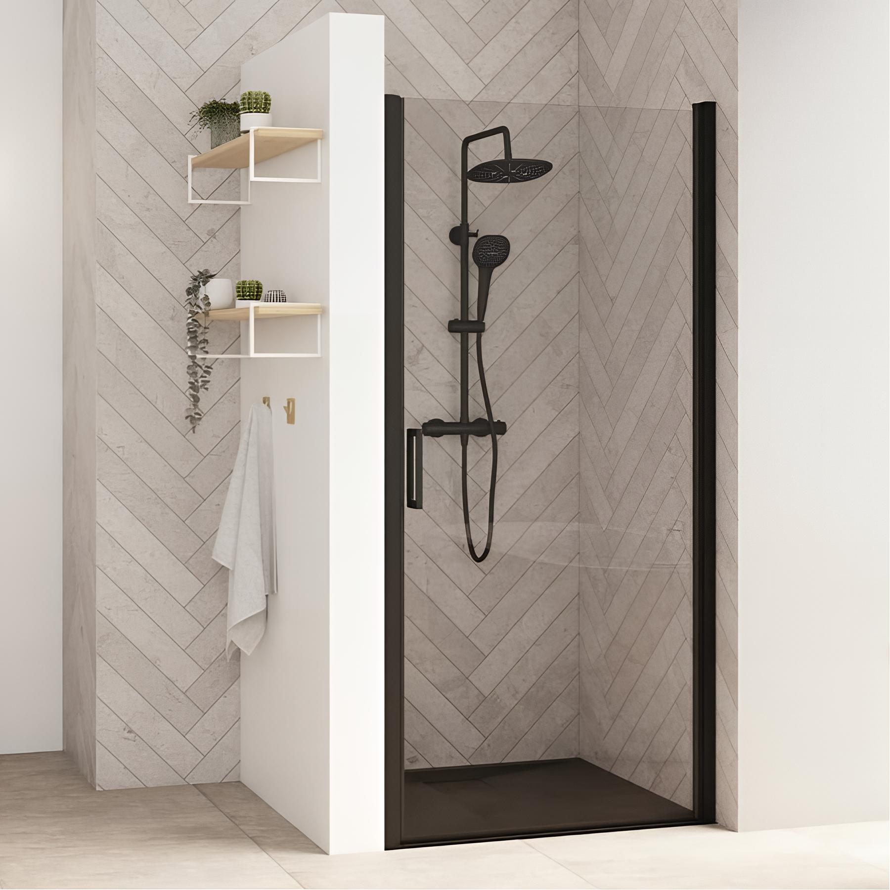 Porte de douche KINEDO d'angle gauche à ouverture totale (nécessite la droite) conforme PMR SMART Design L70cm H2,05m profilé noir