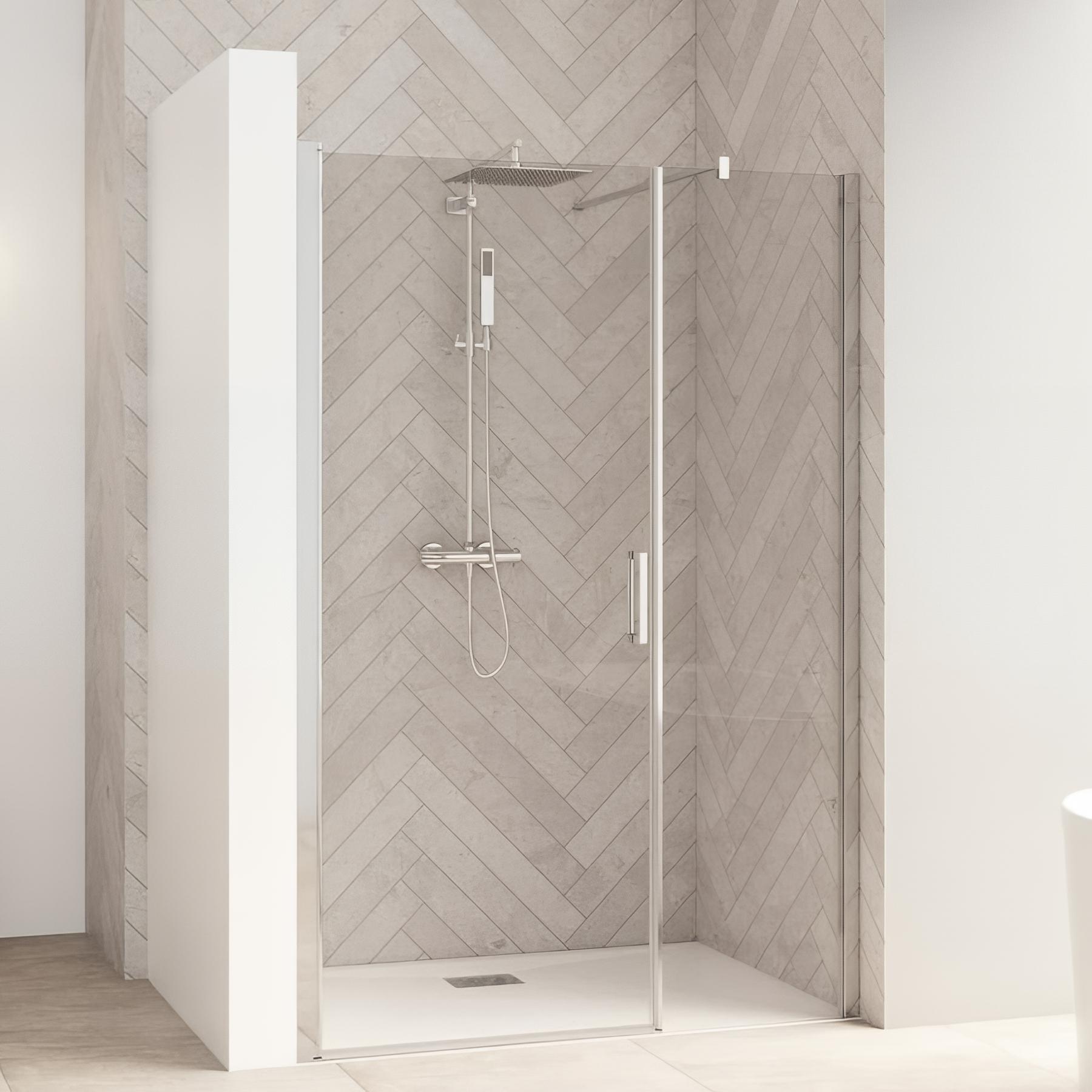 Porte de douche battante L 1,10 m H 2,05 m avec paroi fixe SMART Design sans seuil (conforme PMR) chromé