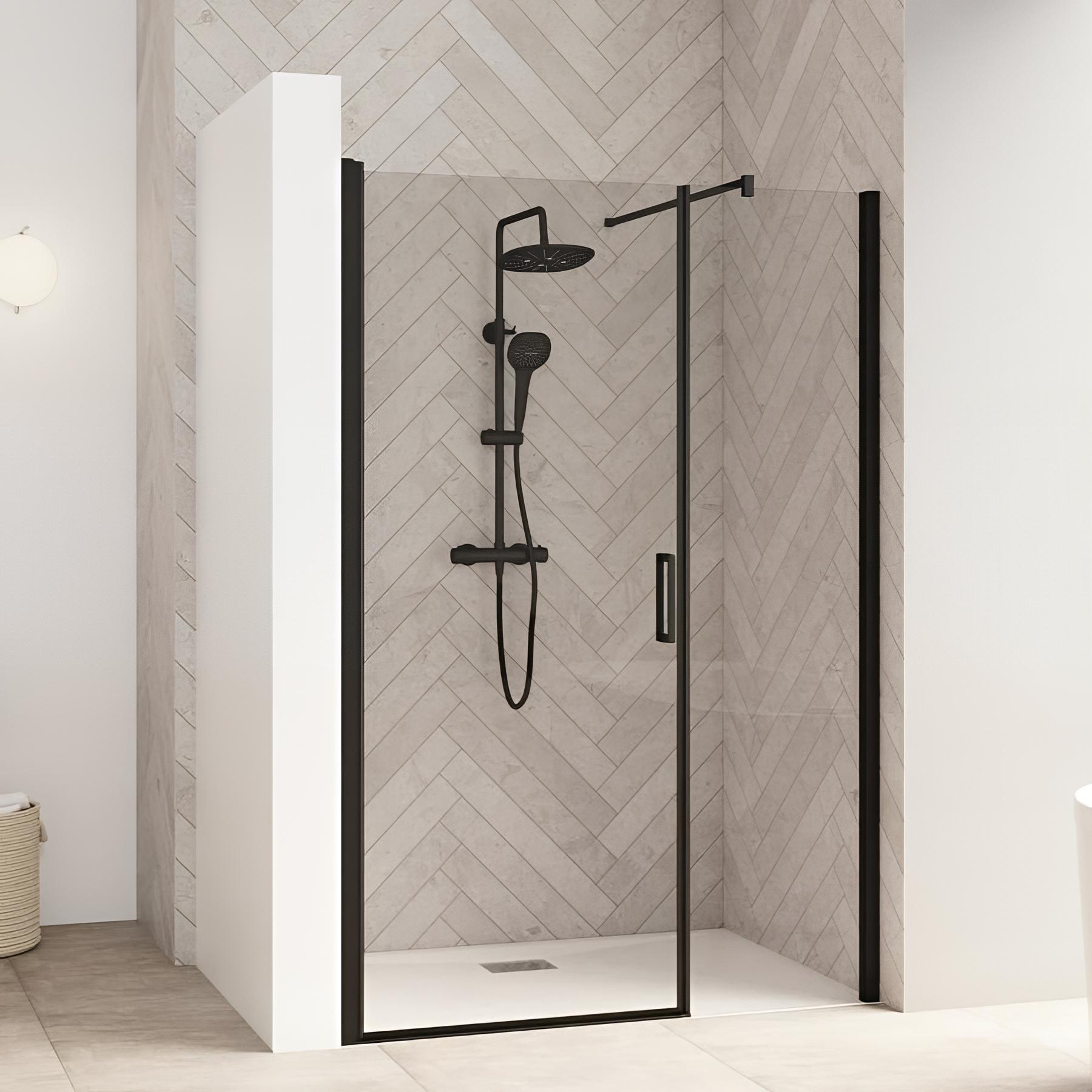 Porte de douche battante L 1,20 m H 2,05 m avec paroi fixe SMART Design sans seuil (conforme PMR) noir verre transparent