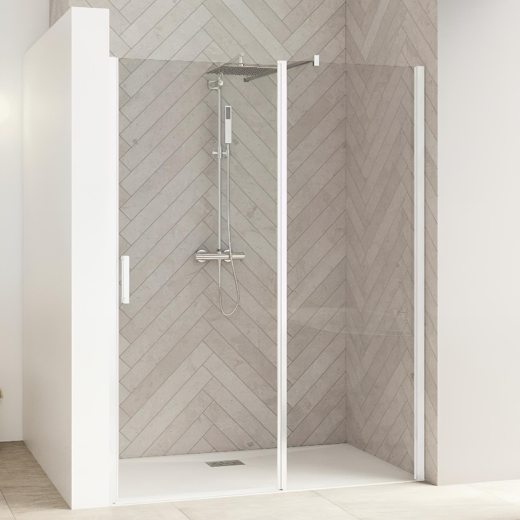 Paroi de douche kinedo Smart Design pivotante (extérieur) sans seuil + paroi fixe d'angle 90 blanc verre cosmos - charnières à droite
