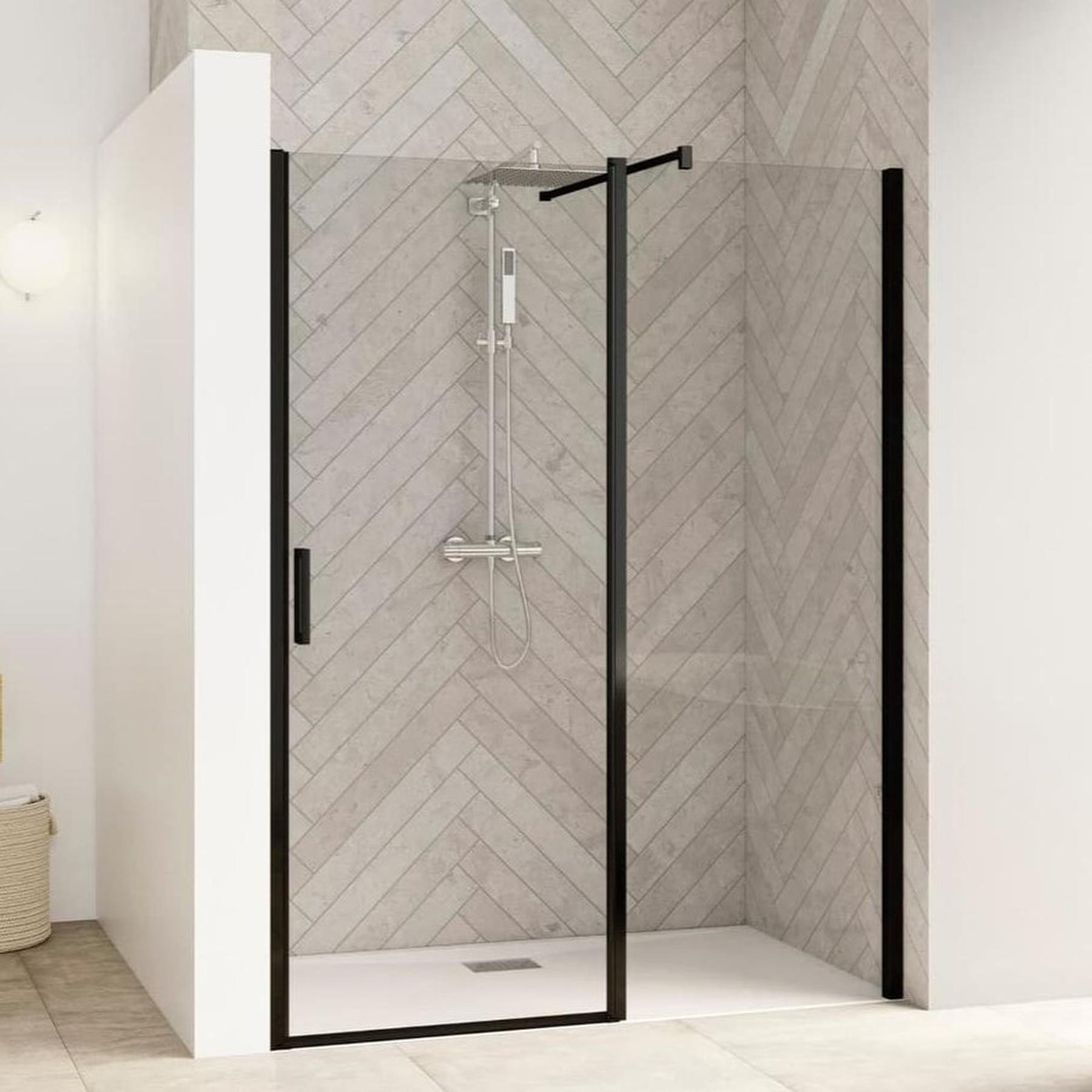 Porte de douche porte pivotante SMART Design XXL sans seuil (conforme PMR) L 1,70 m H 2,05 m noir verre transparent 