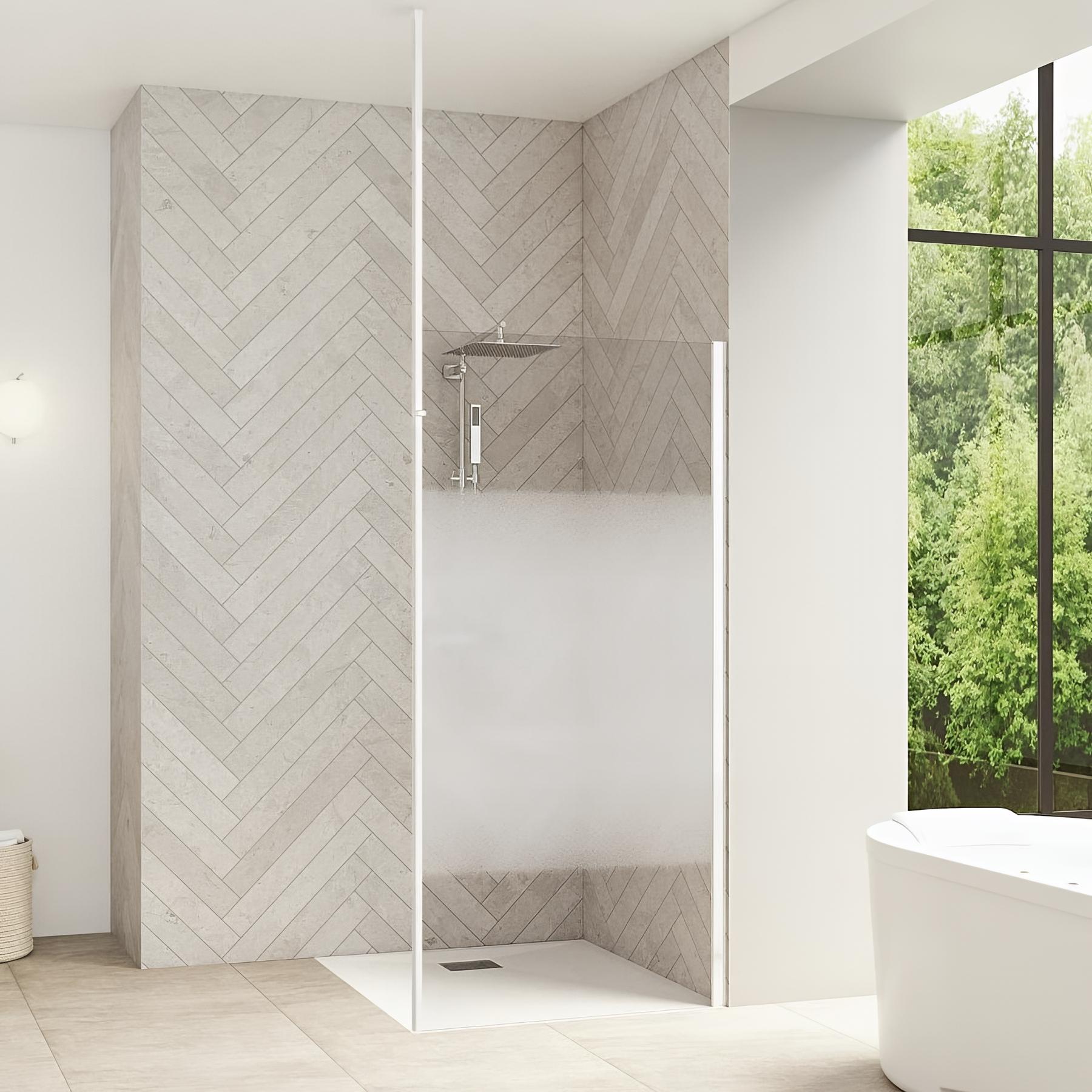 Paroi de douche fixe SMART Design Solo L 95cm H 1,98m blanc verre sécurit 6mm serigraphié Cosmos renfort Mât Sol-plafond