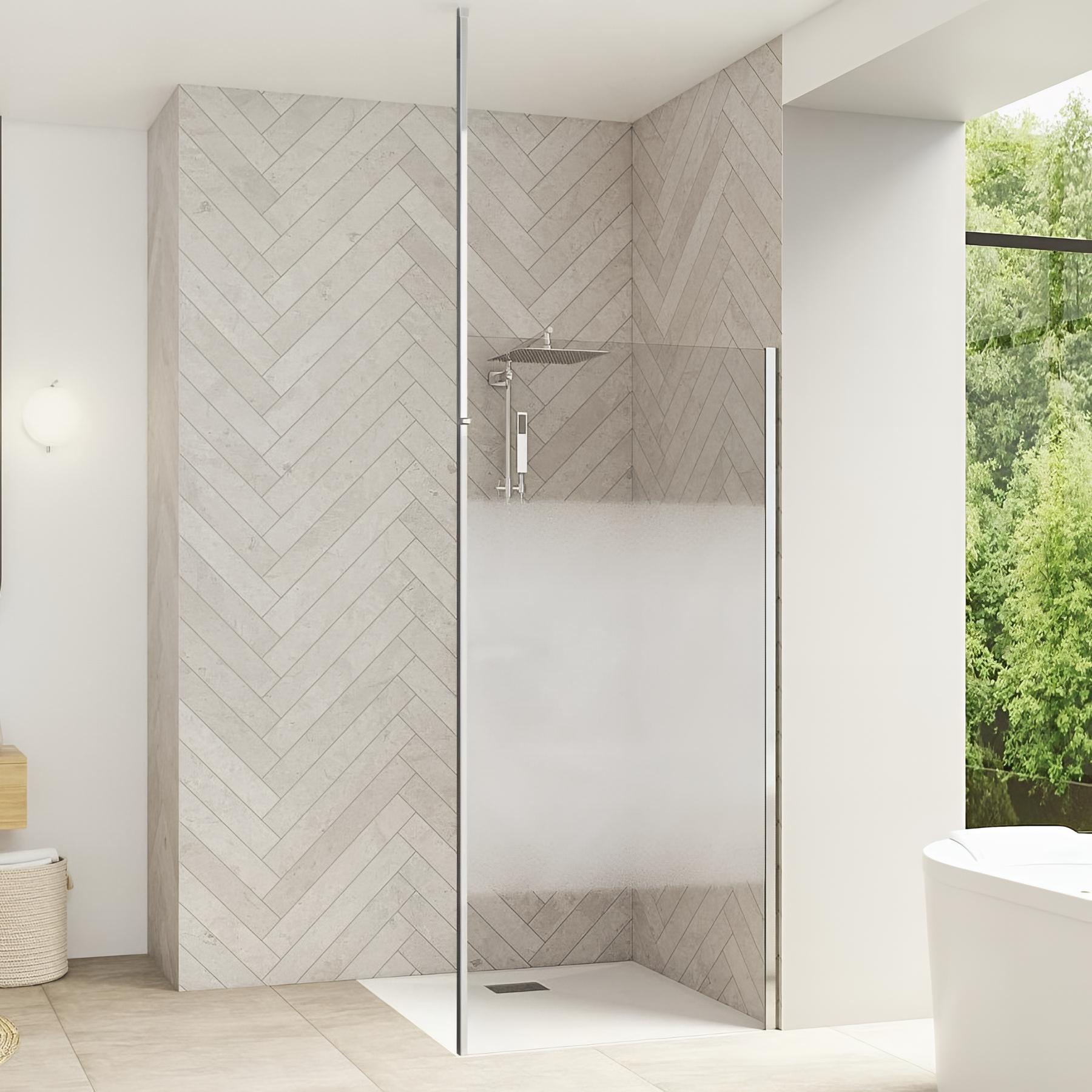 Paroi de douche fixe SMART Design Solo L 75cm H 1,98m chromé verre sécurit 6mm serigraphié Cosmos renfort Mât Sol-plafond
