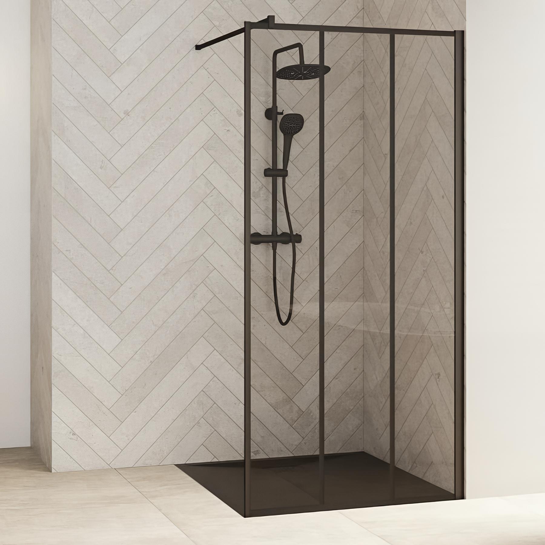 Paroi de douche fixe SMART Design solo L 70cm H 1,98m renfort barre, gris noir grainé verre FACTORY bandes verticales noires