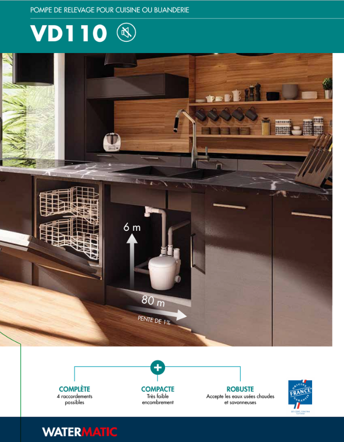 Pompe de relevage 4 entrées pour pour cuisine et buanderie WATERMATIC VD110 évacuation de 1 évier+1 douche+1 machine à laver+1 climatiseur