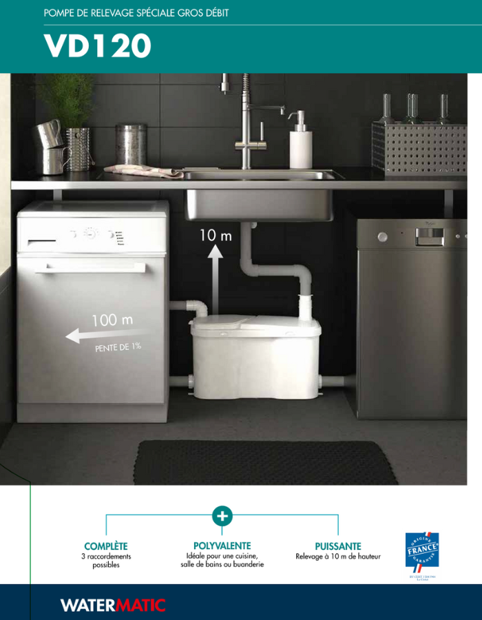 Pompe de relevage 4 entrées pour pour cuisine et buanderie WATERMATIC VD120 évacuation de 1 évier+1 douche+1 machine à laver+1 climatiseur
