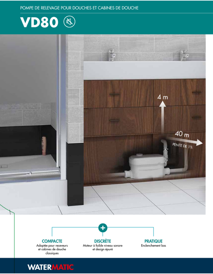 Pompe de relevage 2 entrées pour cabines de douche avec receveur de douche traditionnel ou extra plat WATERMATIC VD80 évacuation de 1 douche+1 lavabo