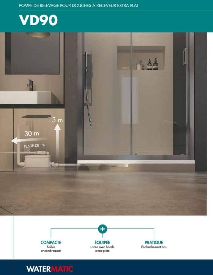 Pompe de relevage 2 entrées pour receveur de douche traditionnel ou extra plat WATERMATIC VD90 évacuation de 1 douche+1 lavabo