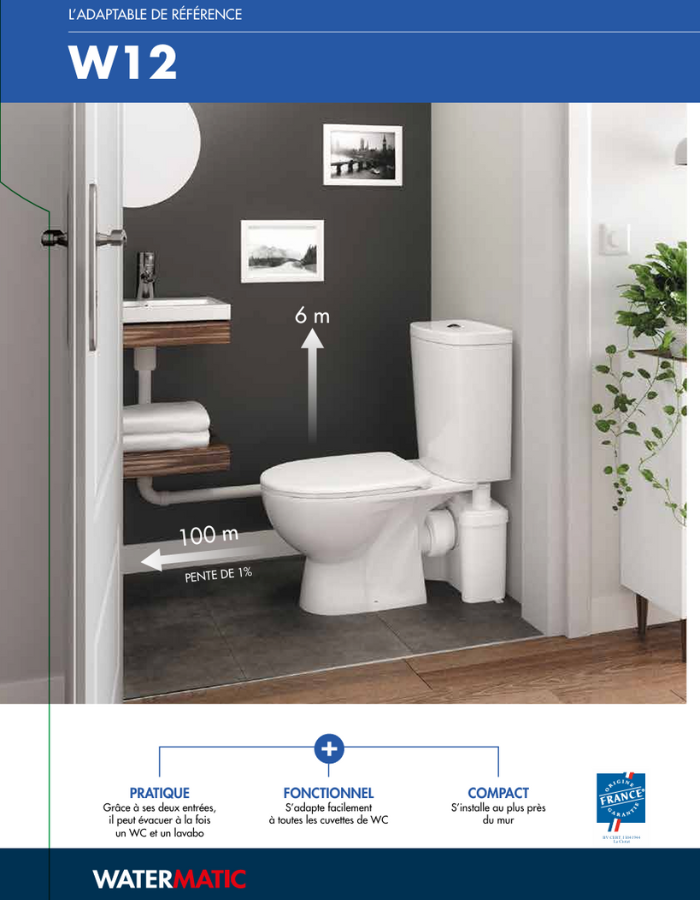 Sanibroyeur pour WC universel à pompe de relevage intégrée 2 entrées WATERMATIC W12 pour évacuation de 1 WC et 1 lavabo