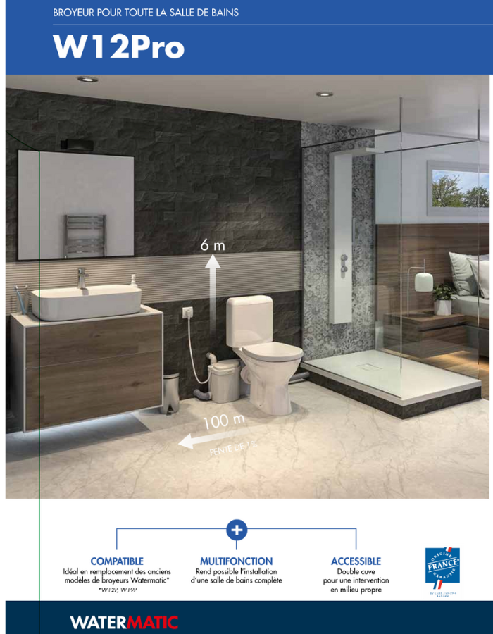 Sanibroyeur pour WC universel pompe de relevage intégrée 4 entrées WATERMATIC W12 PRO évacuation 1 WC+1 bidet+1 douche+1 lavabo