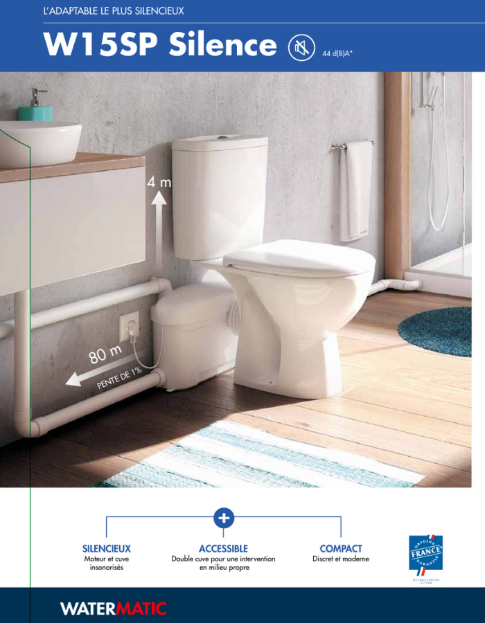 Sanibroyeur pour WC pompe de relevage intégrée 3 entrées WATERMATIC W15 SP Silence pour évacuation de 1 WC+1 bidet+1 douche+1 lavabo