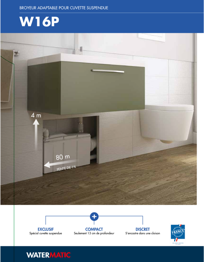 Sanibroyeur pour WC à pompe de relevage intégrée 3 entrées WATERMATIC W16P pour évacuation de 1 WC suspendu+1 bidet+1 douche+1 lavabo