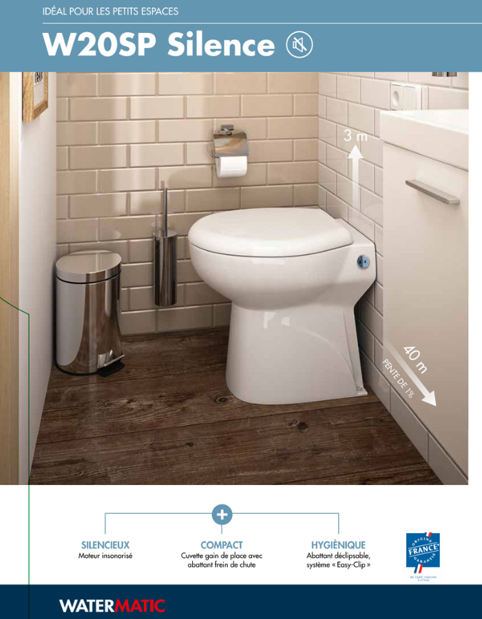 WC au sol avec Sanibroyeur à pompe de relevage intégrée cuvette compacte 54,5x36 raccordement 1 lave-mains inclus WATERMATIC W20SP Silence blanc