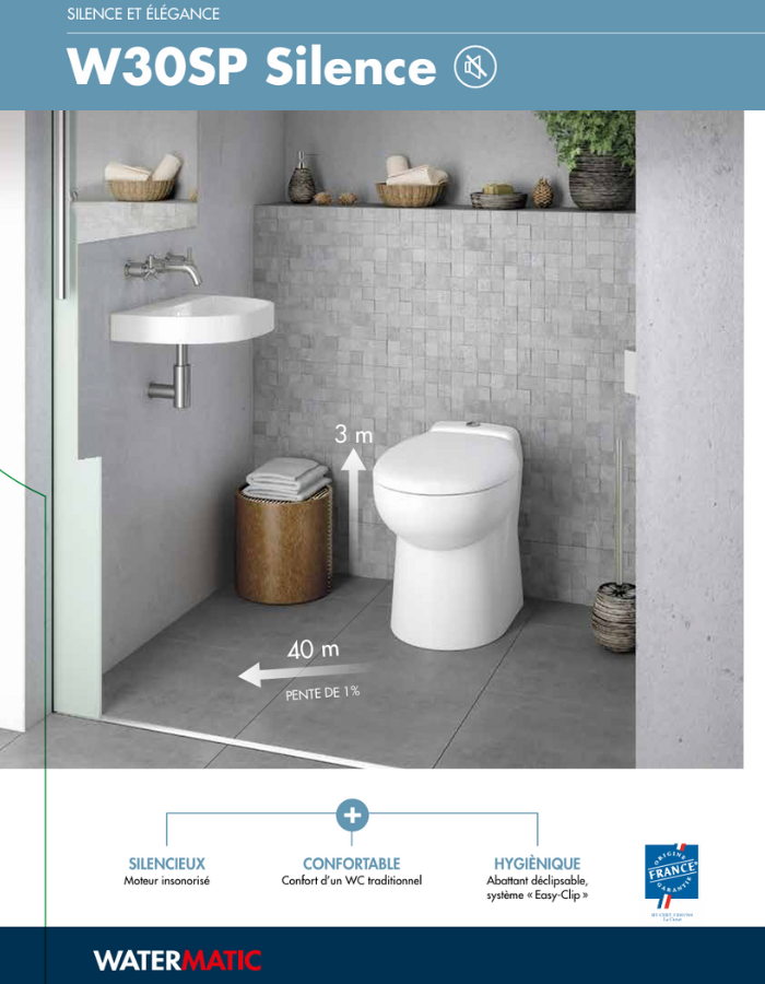 WC au sol avec Sanibroyeur à pompe de relevage intégrée cuvette compacte 54,5x36 WATERMATIC W30SP Silence blanc