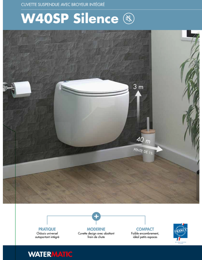 WC suspendu avec Sanibroyeur pompe de relevage intégrée PMR normes handicapés cuvette compacte 52x37 WATERMATIC W40 Silence avec abattant