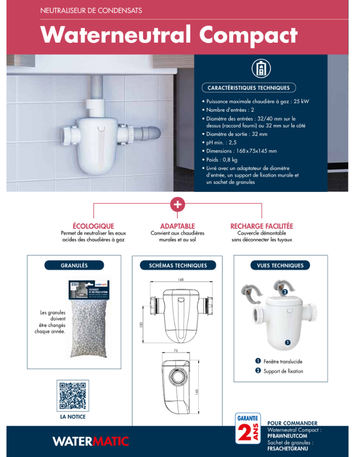 Neutraliseur COMPACT des condensats de chaudières GAZ à condensation WATERMATIC WATERNEUTRAL prêt à l'emploi livré avec 1 sachet de granules