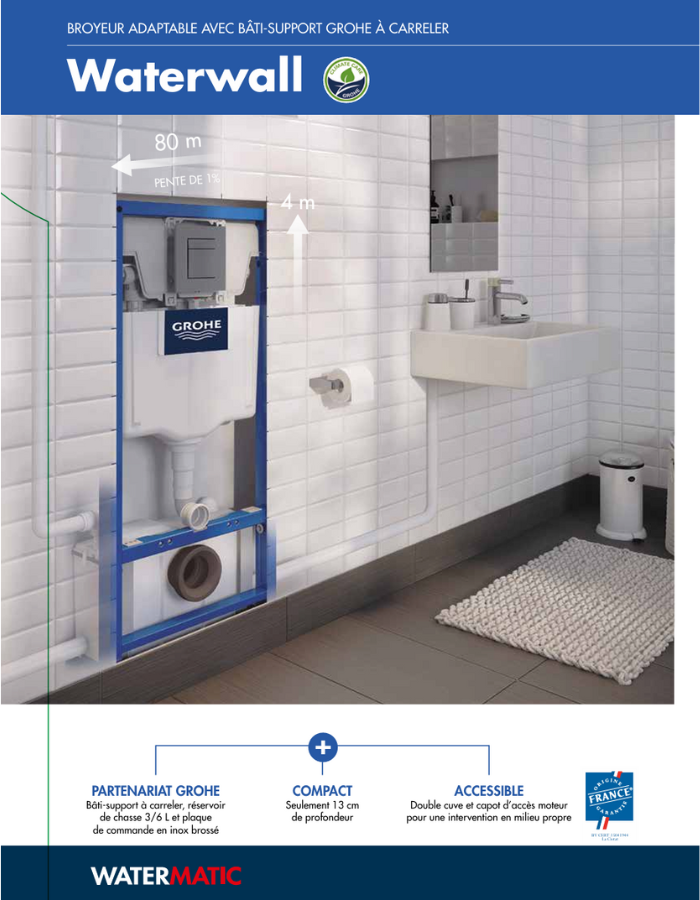 Bâti-support GROHE à carreler avec sanibroyeur à pompe de relevage intégrée 4 entrées pour cuvette suspendue WATERMATIC WATERWALL