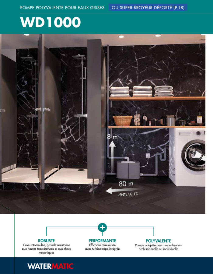 Superbroyeur 4 entrées pompe de relevage intégrée WATERMATIC WD1000 évacuation de 1 évier+1 lavabo+1 douche+1 machine à laver