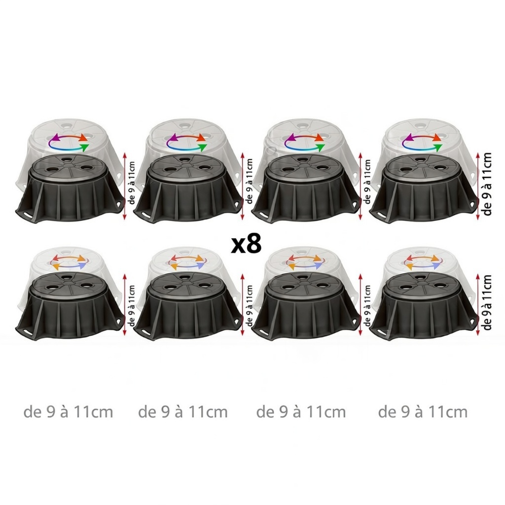Pack de 8 pieds réglables 7 à 11cm pour receveurs en grès, acrylique, composite et pierre naturelle tous modèles